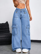 Women'S Slight Stretch Multi-Pocket Baggy Trousers, Individual Decor Natural Wash Craft Straight Wide Cargo Faux Denim, Trendy Street Styledenim - Light Blue