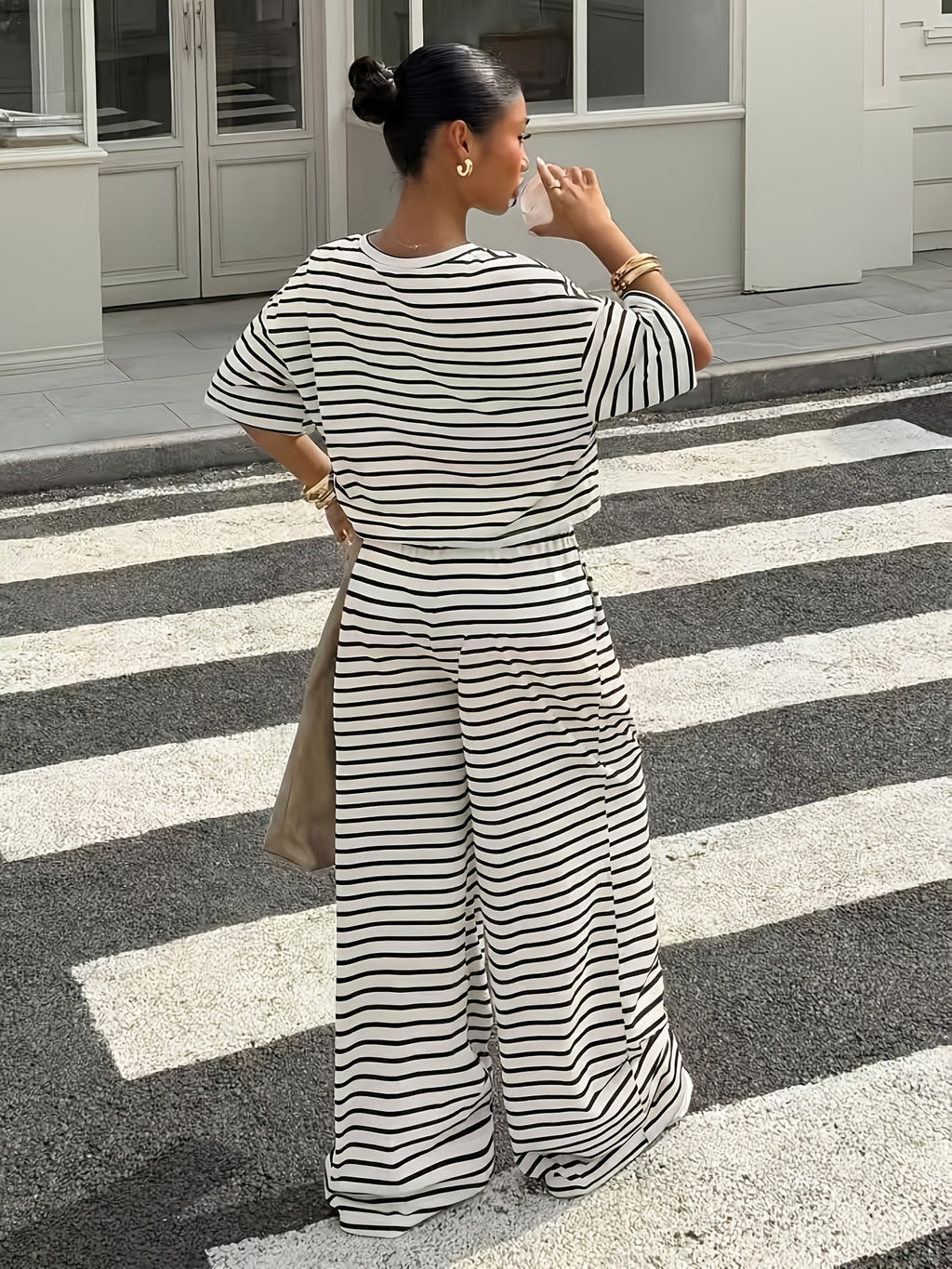 Women'S Striped Short Sleeve Top And Long Pants 2pcs Set, Spring Summer Casual Outfit - White Stripes