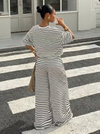 Women'S Striped Short Sleeve Top And Long Pants 2pcs Set, Spring Summer Casual Outfit - White Stripes