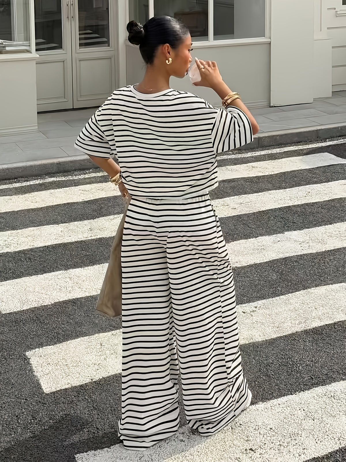 Women'S Striped Short Sleeve Top And Long Pants 2pcs Set, Spring Summer Casual Outfit - White Stripes