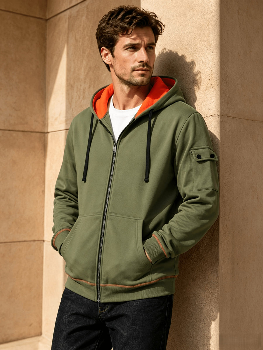 Men's Full Zip Hoodie, Contrast Color Hooded Sweatshirt with Cargo Pockets, Casual, Comfortable, Versatile Fall Winter Jacket - Military Green