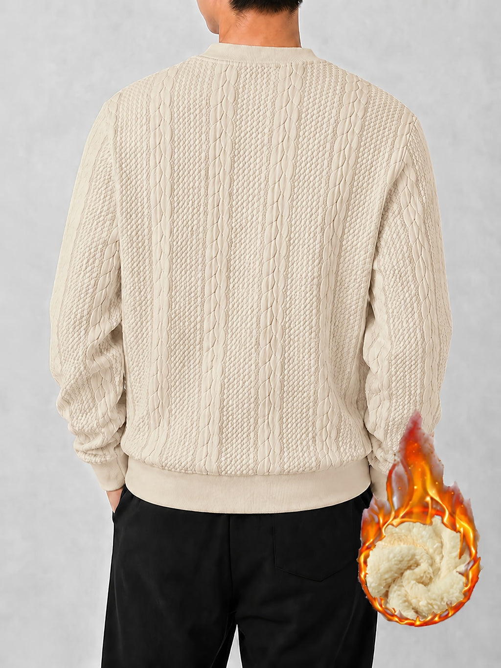 Men's Autumn/Winter Solid Color Cable Knit Textured Fleece-Lined Sweatshirt, Heavyweight Plush Fleece Thickened Lining, Cold-Proof Casual Crew Neck Pullover Base Layer - Apricot