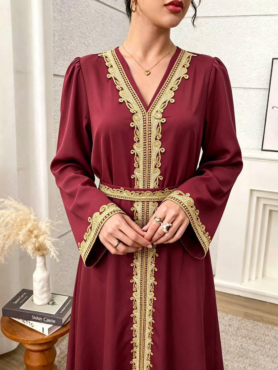 1pc Women's Elegant Kaftan Dress Golden Embroidery V-Neck Long Sleeve Abaya Maxi Dress Luxury Evening Party Gown with Belt White Embroidery Abaya Dress Women's V-Neck Long Sleeve Maxi Kaftan Luxury Contrast Golden Trim Party Gown - Deep Red