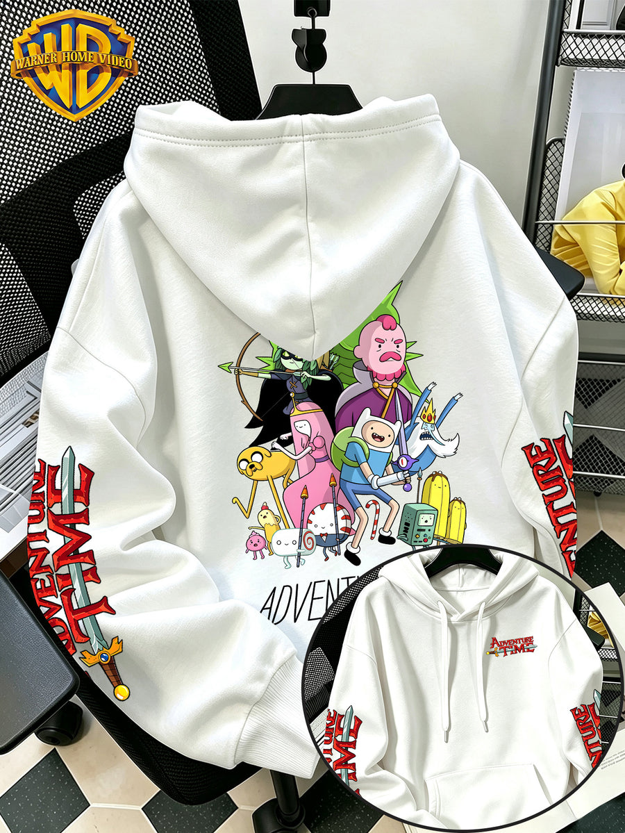 Warner Bros. Men's New Trendy Hoodie, Adventure Time Full Cast Collection Cartoon Graphic Print, Casual Hooded Sweatshirt, Daily Drawstring Loose Pullover Top, Machine Washable Versatile Sporty Casual Men's Top - White