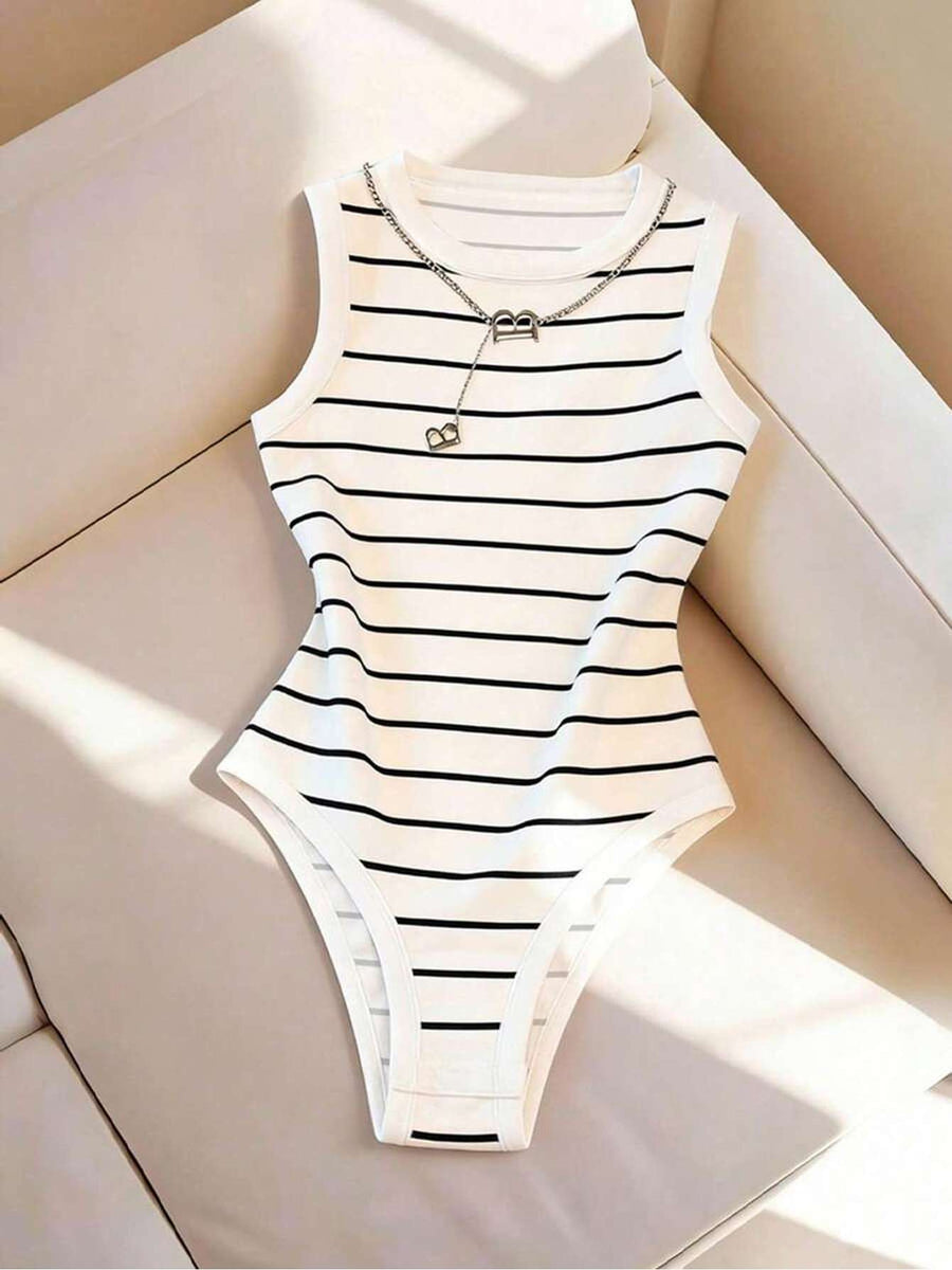 3pcs Women's Solid Color Round Neck Casual Basic Bodysuit, Striped Bodycon Top for Summer, Seksi Chic, Carnival, Date, Beach Outing, Birthday, Outdoor Travel, Vacation, Spring - Black+white+blue