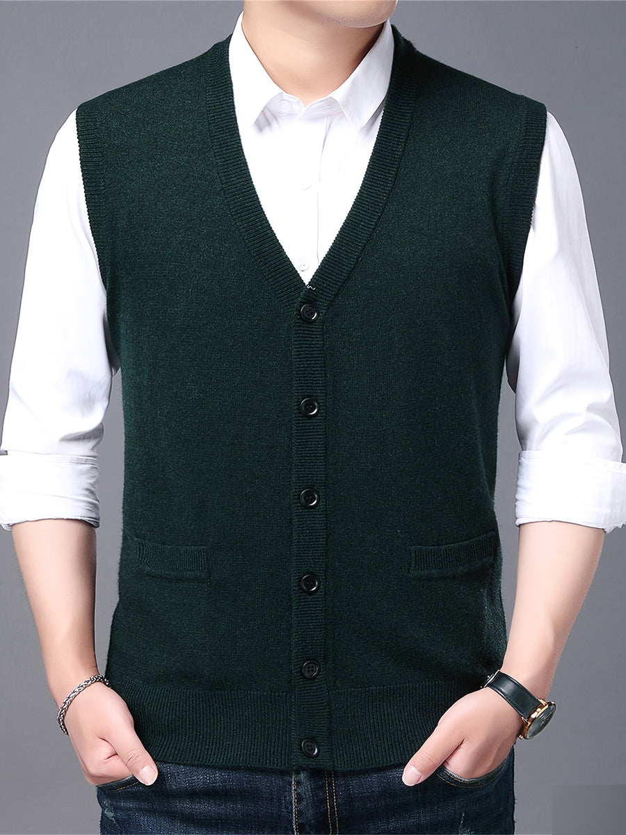 Autumn Winter Men'S Knit Cardigan Vest Men'S Casual Solid Color Pocketed Knit Vest Men'S V-Neck Open Front Sleeveless Sweater - Dark Green