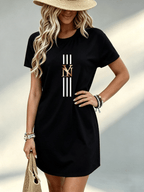 Printed Design Not Textured, Casual Style, Women Dress, Geometric Letter Print, Daily Wear, Gift for Her, 100 Percent - Black