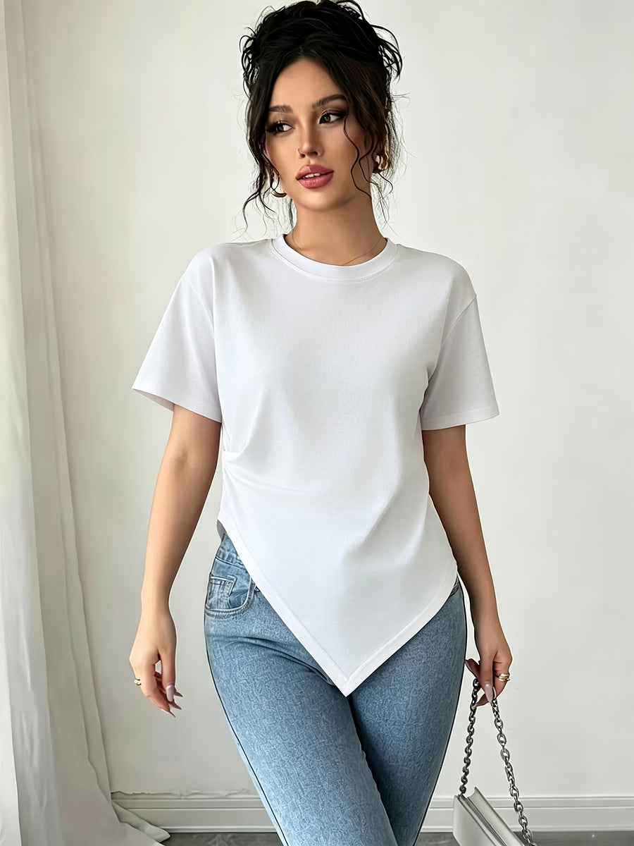 Women's Summer Round Neck Irregular Diagonal Hem Short Sleeve T-Shirt with Side Pleats, Waist-Defining Slim Fit, Unique Niche Design, Versatile Solid Color Pullover Top - White