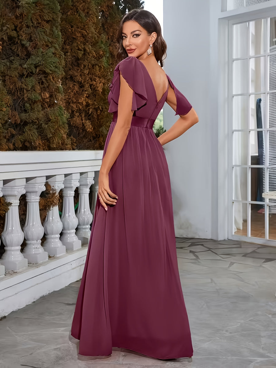 Women'S Elegant V-Neck Shoulder Ruffle Chiffon Bridesmaid Gown Dress with Cinched Waist Elastic Band - Fuchsia