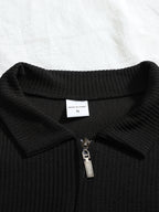 Light Luxury Textured Vertical Stripe Half-Zip Polo Knit Shirt for Men, Slim Fit, Slimming, Long Sleeve, Business Casual, Solid Color, Versatile Top - Black