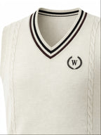 Men's Cable Knit Sweater Vest Sleeveless Striped Trim & Embroidered Logo Waistcoat - Preppy Business Casual Fall Winter Knit Vest Suitable for Office, Semi-Formal Wear, Layering Piece - Apricot