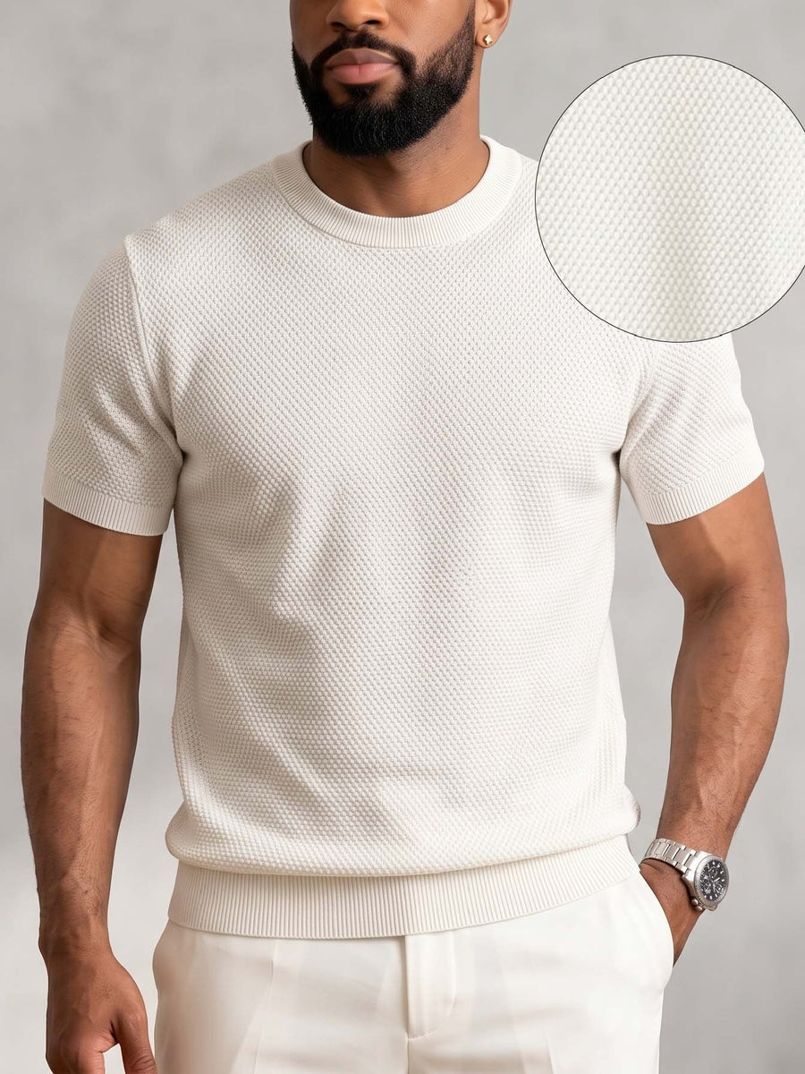 Men'S Easy Casual Short-Sleeve Knit Top, Made of Pure with Fine Mesh Texture, Skin-Friendly And Breathable, Relaxed Casual Style, Classic Versatile Design with Exquisite Details, Solid Color for a Warm And Easy Look - White