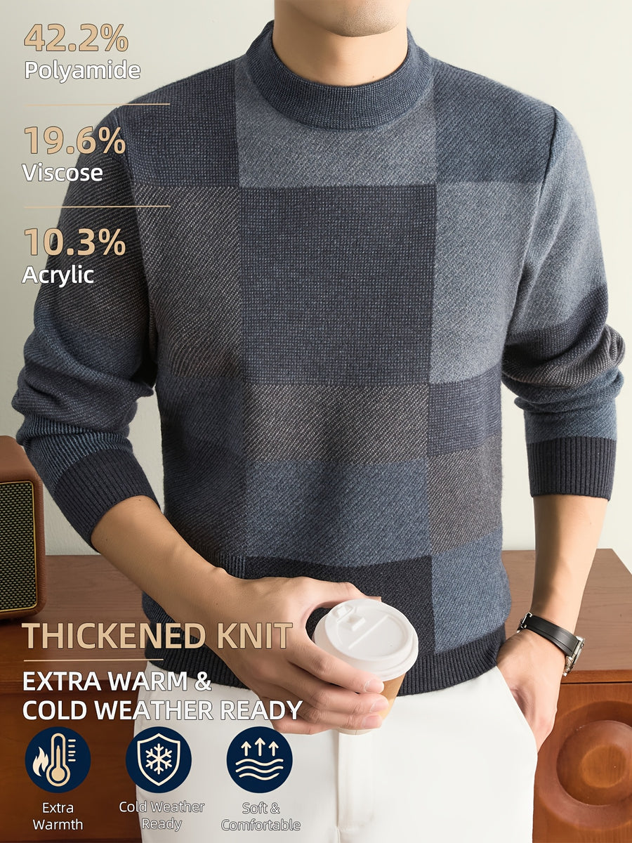 Men'S Autumn And Winter Knitted Pullover Sweater, Classic Crew Neck with Color-Block Geometric Design, Thick And Warm for Cold Weather, Ideal for Casual Wear, Outdoor Activities, Camping, Hiking, And Fishing, Gift for Dad Or Husband - Medium Gray