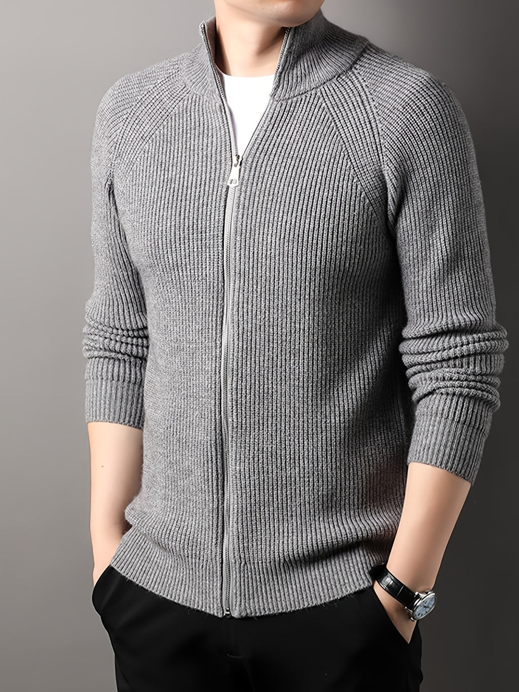Autumn New Men'S, Solid Color Knit Cardigan, Zipper Style Trendy Comfortable, Outdoor Leisure All-Match - Grey