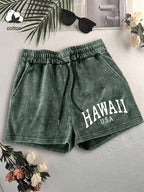 Western Trendy Hawaiian Letter Print Casual Distressed Women'S Shorts, Elastic Drawstring Waist Design, Versatile Home Wear, Lifestyle Fashion - Dark Green