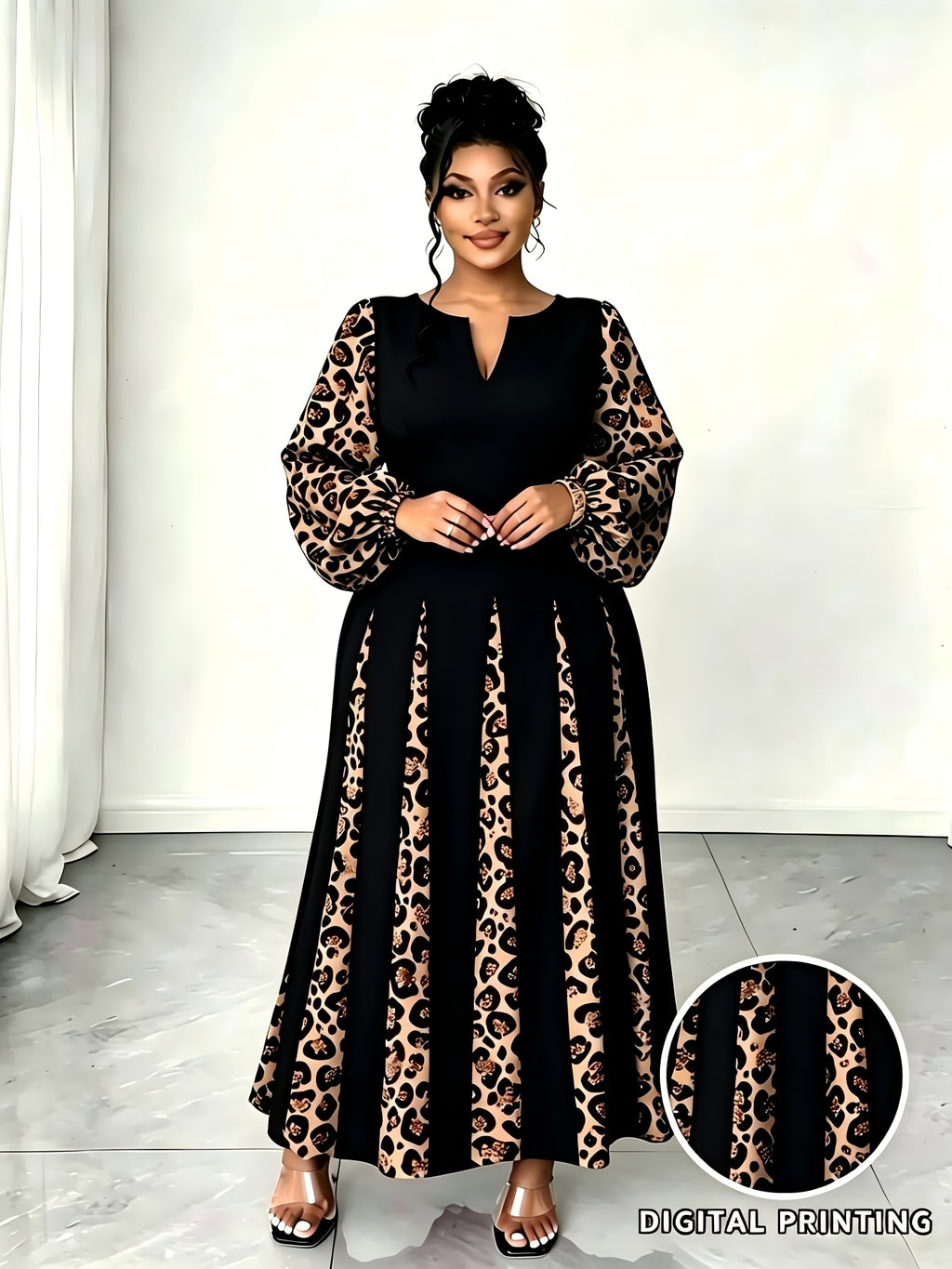 Plus Size Women'S Leopard Patchwork Long Dress, Long Puff Sleeve with Cutout V-Neck A-Line Maxi Skirt, Elegant Party Evening Gown - Black