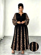 Plus Size Women'S Leopard Patchwork Long Dress, Long Puff Sleeve with Cutout V-Neck A-Line Maxi Skirt, Elegant Party Evening Gown - Black