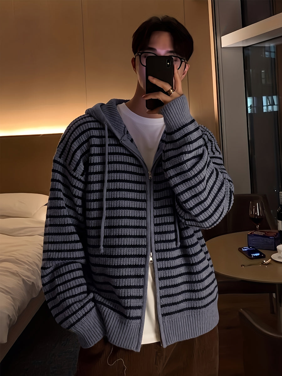 New Autumn/Winter Warm Fashionable Versatile Casual Men's Knit Cardigan Long Sleeve, Lazy Style Striped Hooded Cardigan Sweatshirt, Contrast Color Outerwear Sweater with Double-End Zipper and Adjustable Drawstring, for Work, School - Grey
