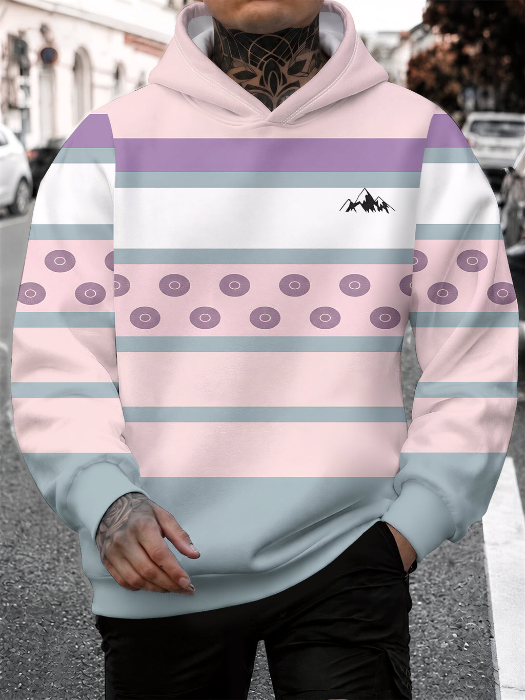 4 Styles, Men's Long Sleeve Casual Hoodies with Fresh Mountain Pattern with Contrasting Horizontal Stripes Prints, Trendy Printed Hooded Jackets, Sporty and Fashionable Style, Spring and Autumn Tops for Daily Casual Outfits. - Pink Color