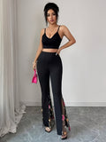 New Women'S Intricate Rose Embroidery Flared Trousers! High-Waist Stretch Slim Fit, Mesh Panel Slit Design, Self-Translucent Aura, Conceals Flaws And, Pear-Shaped Figures Easy to Wear, Perfect for Daily Commute And Dates, Ultra-Feminine! - Black