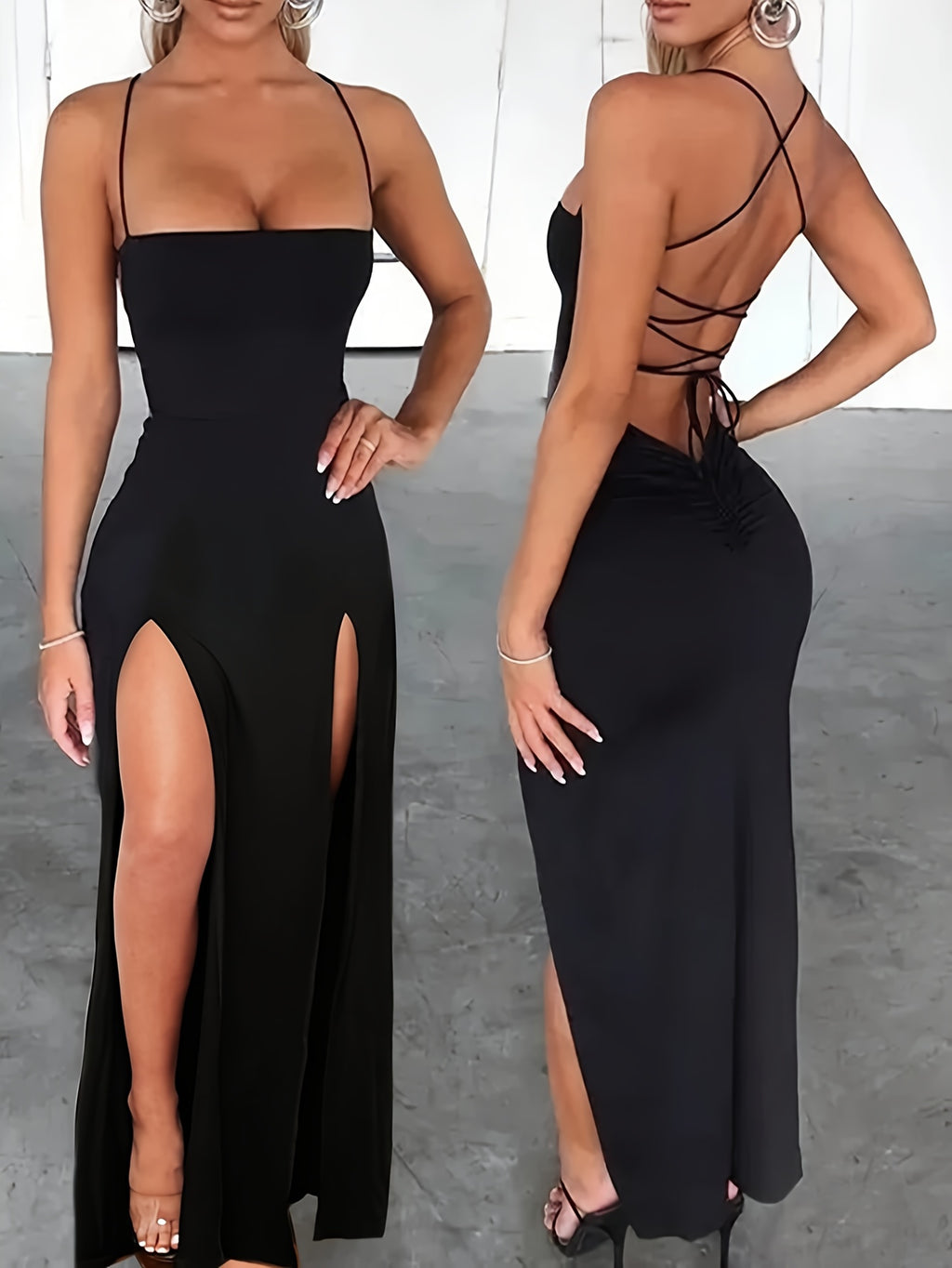 Women'S Spring And Summer Fitted Sexy Off-Shoulder Dress with Cross Straps, Solid Color, Slit, And Open Back - Black