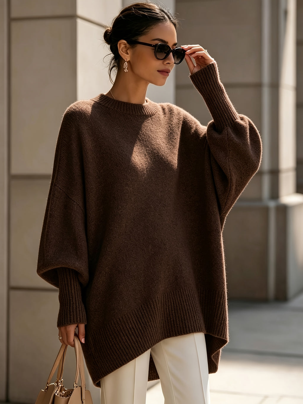 French-style Relaxed Silhouette Top, Irregular Slanted Hem Loose Lantern Sleeve Sweater, Gentle and Elegant Loose Fit That Is, Urban Casual Style - Coffee Color