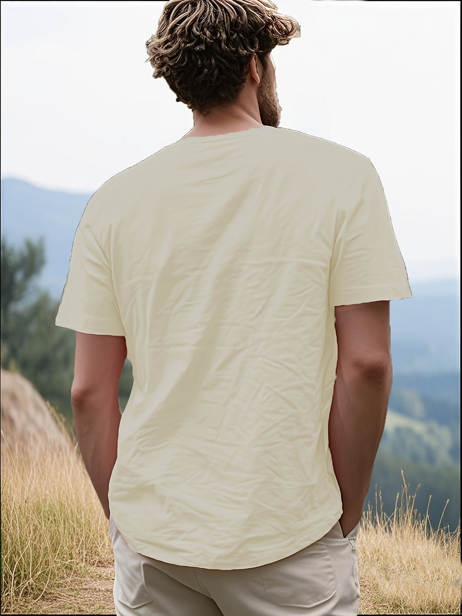 Men's Casual T-Shirt, Versatile Summer Short-Sleeve Top, Fashionable Solid Color Sweatshirt, Crew Neck with Drawstring Design - Lightweight and Breathable, Machine Washable, Suitable for Daily Wear and Outdoor Leisure - Khaki