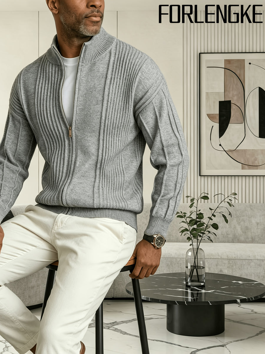 FORLENGKE 2026 New Men Business Casual Stand Collar Full Zip Vertical Ribbed Knit Cardigan, Soft Thick Loose Long Sleeve Sweater Jacket for Fall Winter Office Daily Wear - Grey