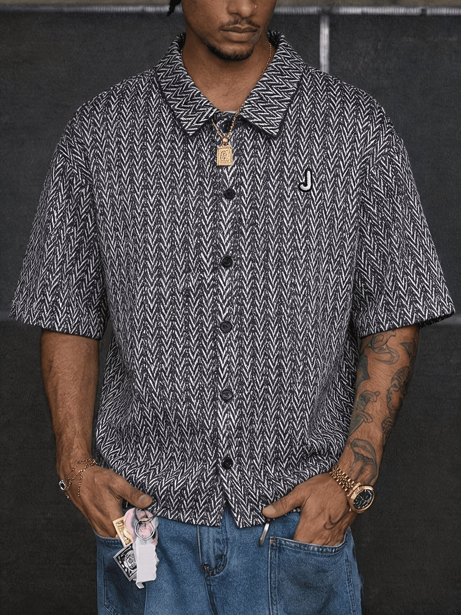 Bohemian Style Men'S Short Sleeve Shirt, Thick Needle Jacquard Geometric Print, Loose Lapel Casual Top Jacket, Summer Breathable - Black