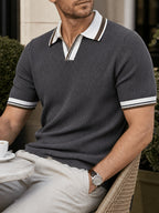 2pcs Men'S Textured Knit Polo Shirt Set, Contrast Striped Lapel V-Neck Breathable Preppy Golf Knit Short Sleeve - Gray + Gray