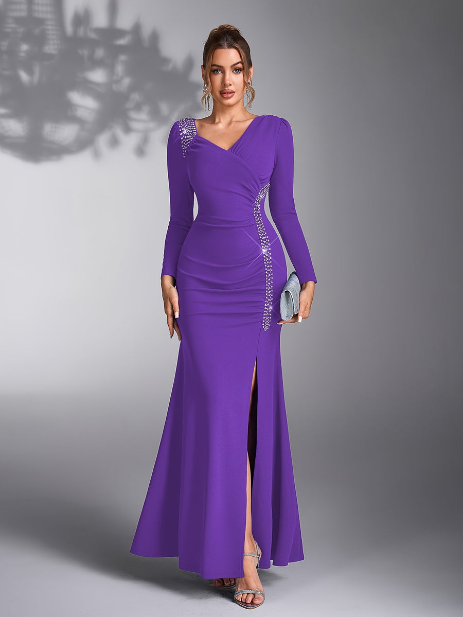Women's Sequin Patchwork Elegant Wedding Bridesmaid Evening Dress Gown - Dark Violet