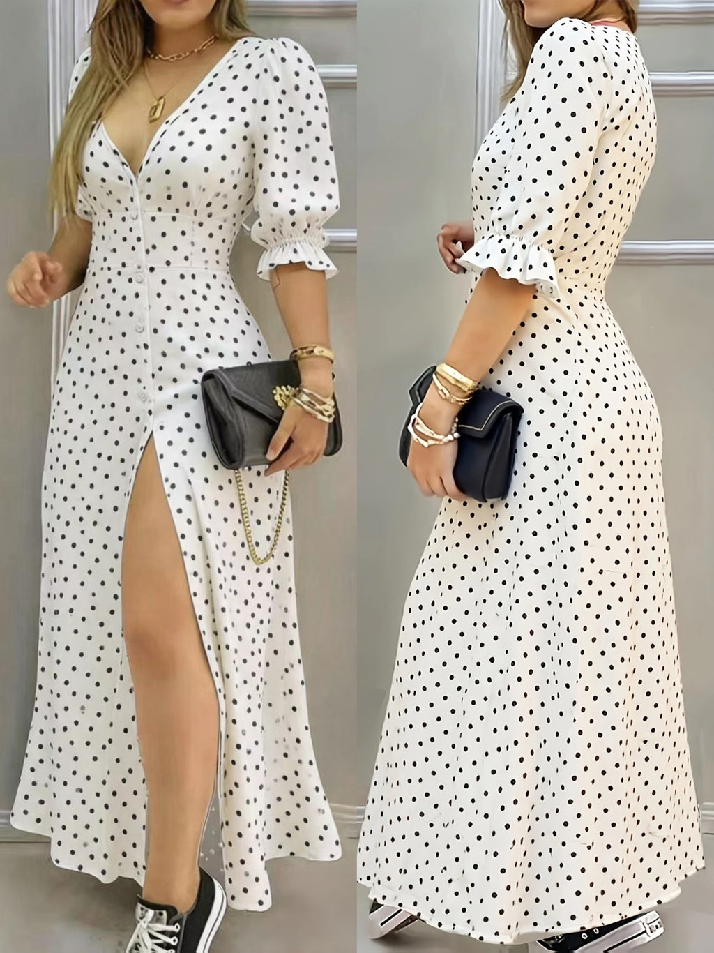 Polka Dot White Print Short Sleeve Split Midi Fashion Dress Long Women's Wear - Mixed colors