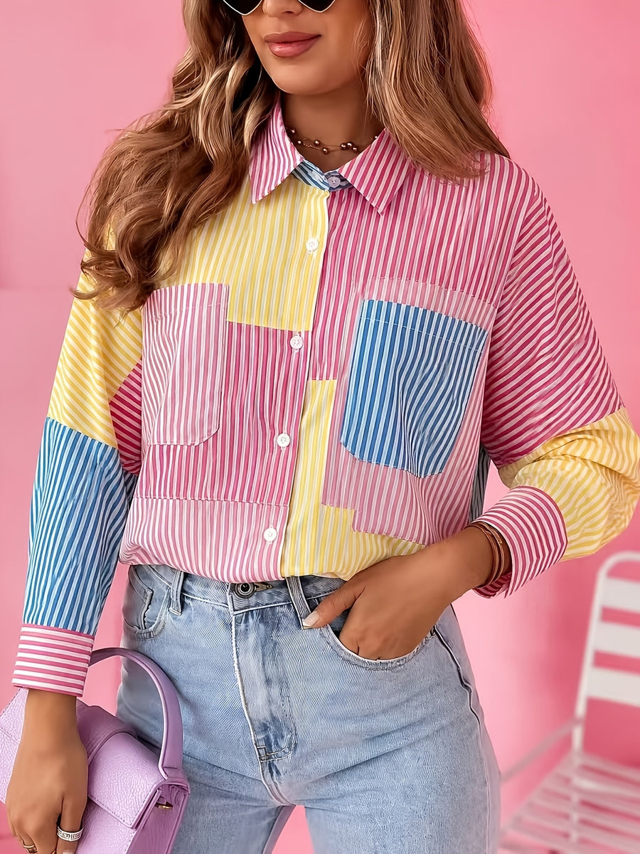 New Spring/Summer Women's Patchwork Striped Pocket Elegant Versatile Lapel Shirt - Bright Pink Color