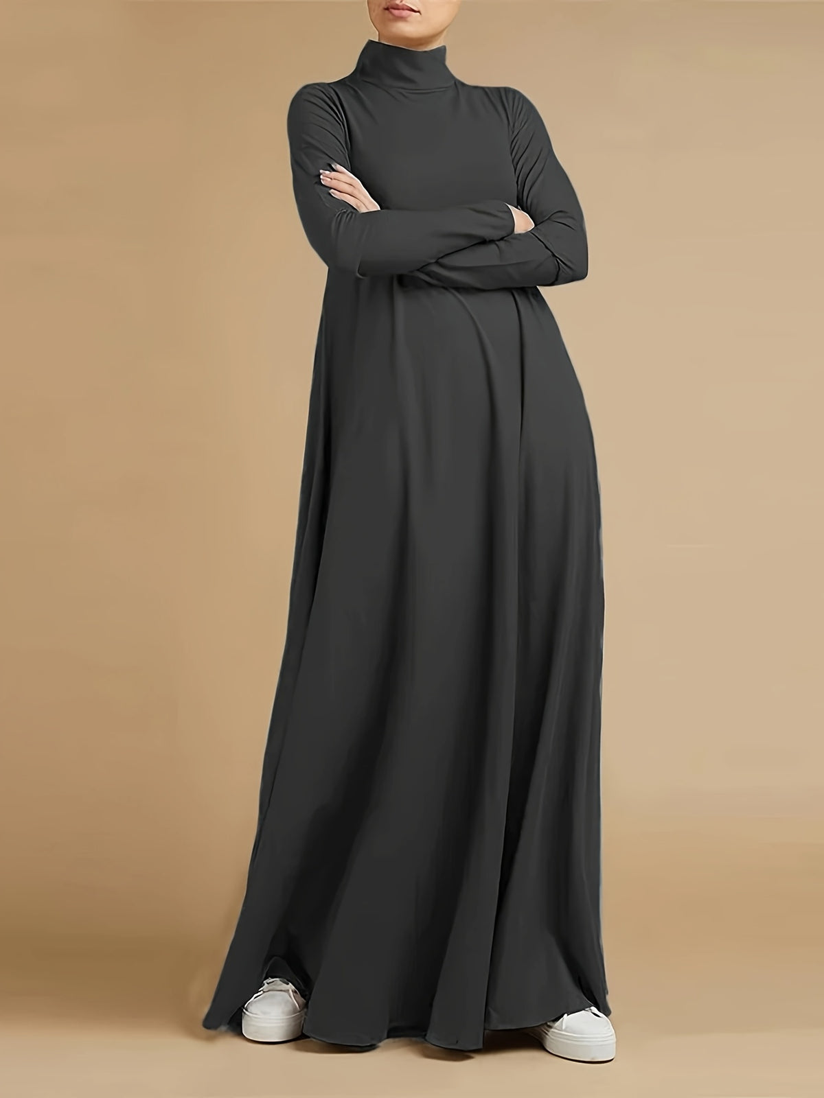 Women'S High Neck Long Sleeve Casual Loose Solid Color Long Dress - Grey
