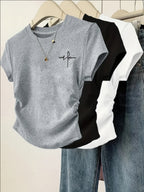 3PCSWomen's Slim-fit Casual T-shirt - Round-neck Short-sleeved Top with Heart-shaped Prints and Ruffled Hem Detail - Black And White Gray
