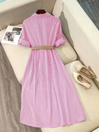 YTD Women's Casual Striped Long Sleeve Single-Breasted Pocket Long Shirt Dress HF869 with Belt - Pink
