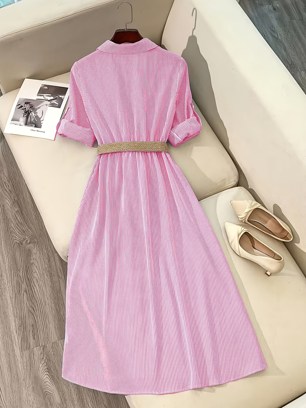 YTD Women's Casual Striped Long Sleeve Single-Breasted Pocket Long Shirt Dress HF869 with Belt - Pink