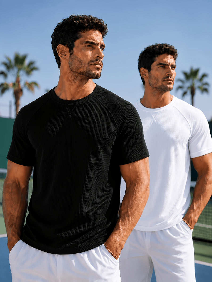 Men'S 2-pc Premium Textured T-Shirts, Casual Short Sleeve Waffle Knit And Jacquard Crew Neck Tees, Lightweight Solid Athletic Summer Tops, Breathable Workout Everyday Fashion Shirts for Men - White+black