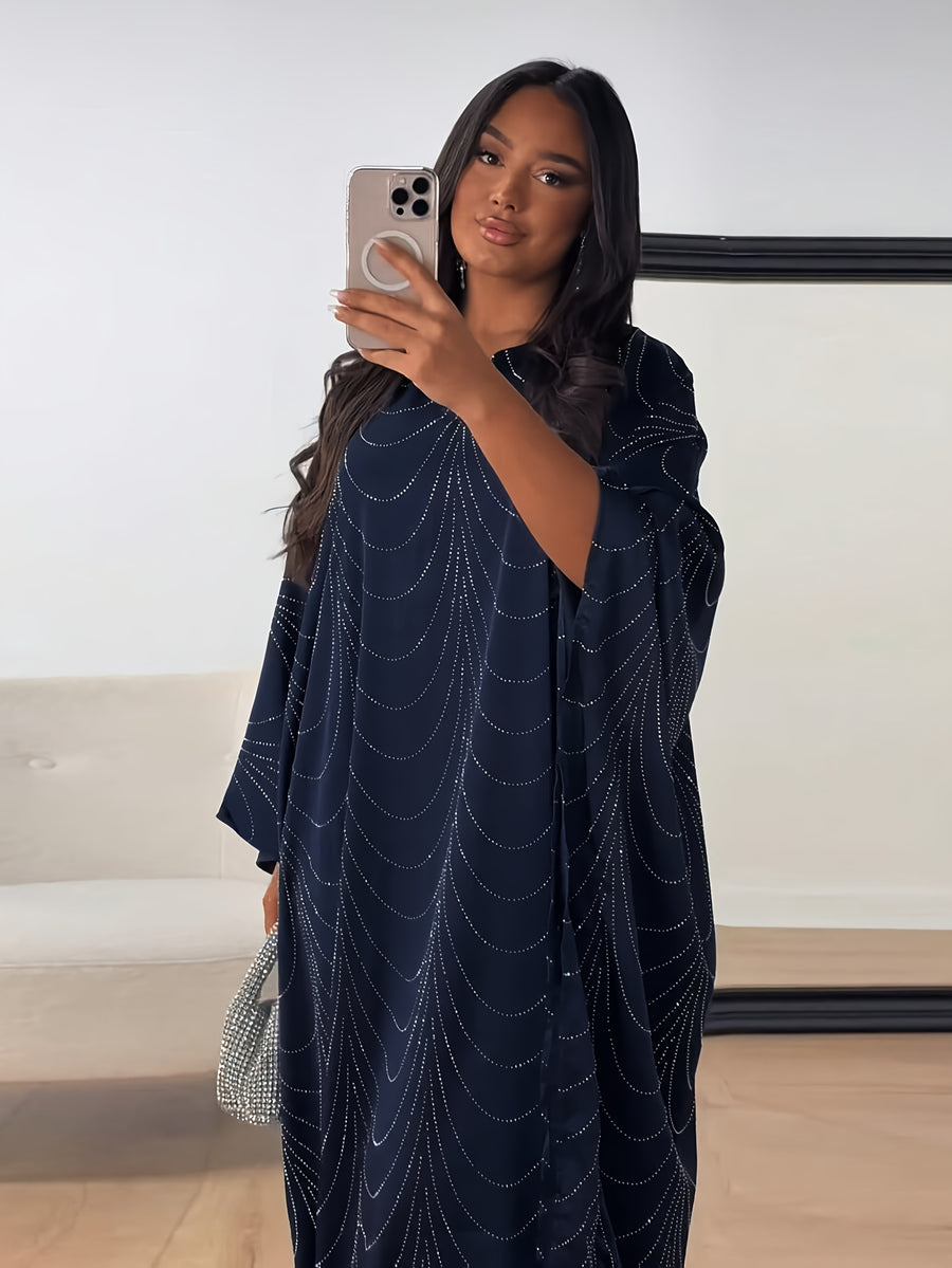 Ramadan Middle East Muslim New Women's Fashion Loose Rhinestone Batwing Sleeve Abaya Gown - Deep Blue