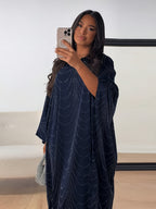 Ramadan Middle East Muslim New Women's Fashion Loose Rhinestone Batwing Sleeve Abaya Gown - Deep Blue