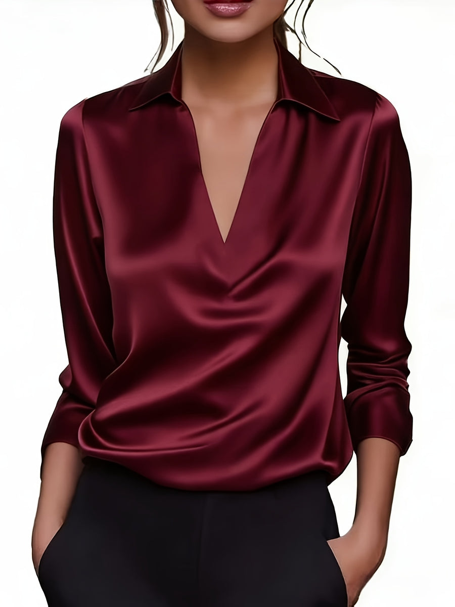 Women'S Elegant Shimmering V-Neck Long Sleeve Shirt - Burgundy