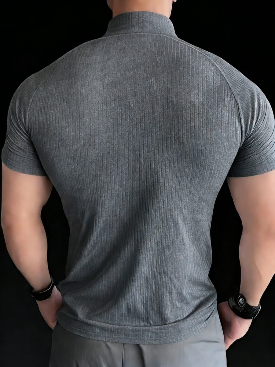 Six-color Men's Summer Casual Half-zip Short-sleeve Shirt - Made of 240g Ribbed Piqué Breathable Stretch Fabric, Featuring a Half-zip Stand-up Collar Design, Lightweight and Comfortable, Suitable for Casual Wear, Gym or Outdoor Activities, Sportswear - Dark Gray