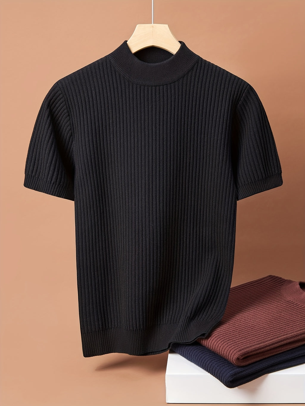 Men Mock Neck Short Sleeve Knit Sweater, Thick Warm Knit Top for Spring Autumn Winter, Wearable Alone Or As Undershirt. Soft Premium Skin-Touch Fabric, Fine Vertical Rib Design to Slim Your Figure for Fashionable Handsome Styling - Black