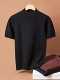 Men Mock Neck Short Sleeve Knit Sweater, Thick Warm Knit Top for Spring Autumn Winter, Wearable Alone Or As Undershirt. Soft Premium Skin-Touch Fabric, Fine Vertical Rib Design to Slim Your Figure for Fashionable Handsome Styling - Black