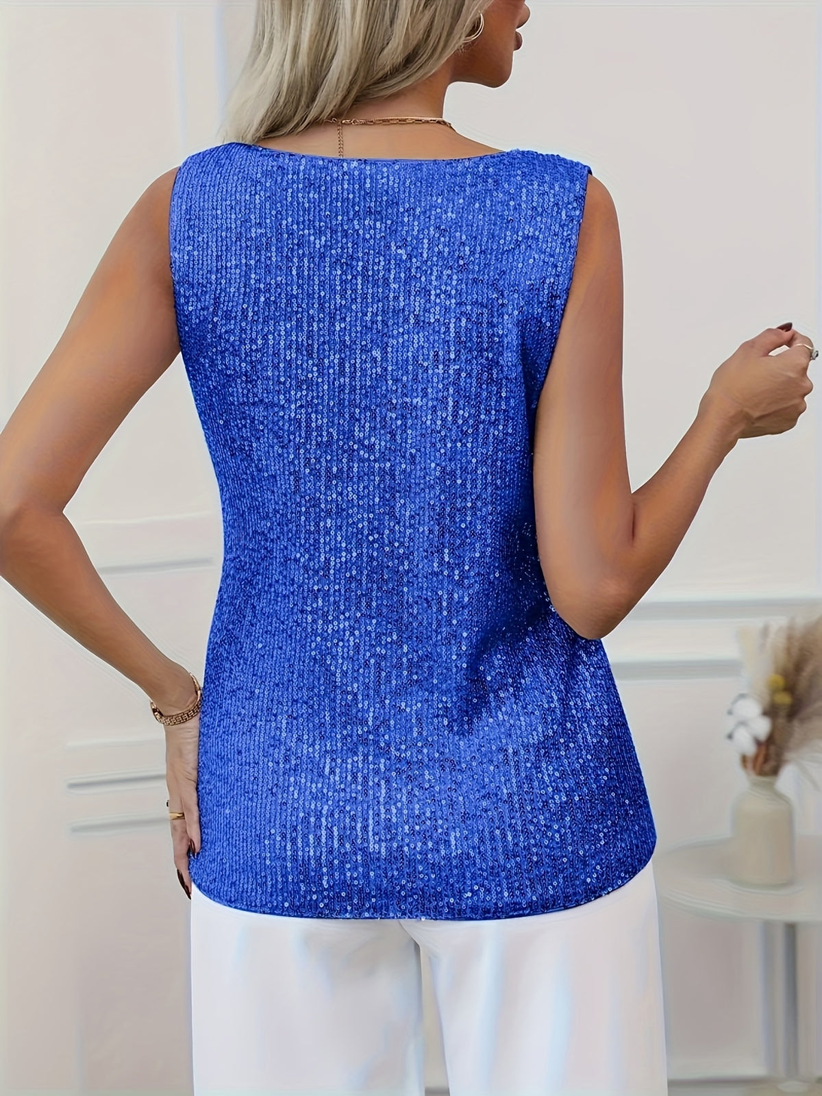Sequin V-neck Vest, Elegant and Sexy Sleeveless Top, Suitable for Summer and Spring, Women's Clothing - Blue