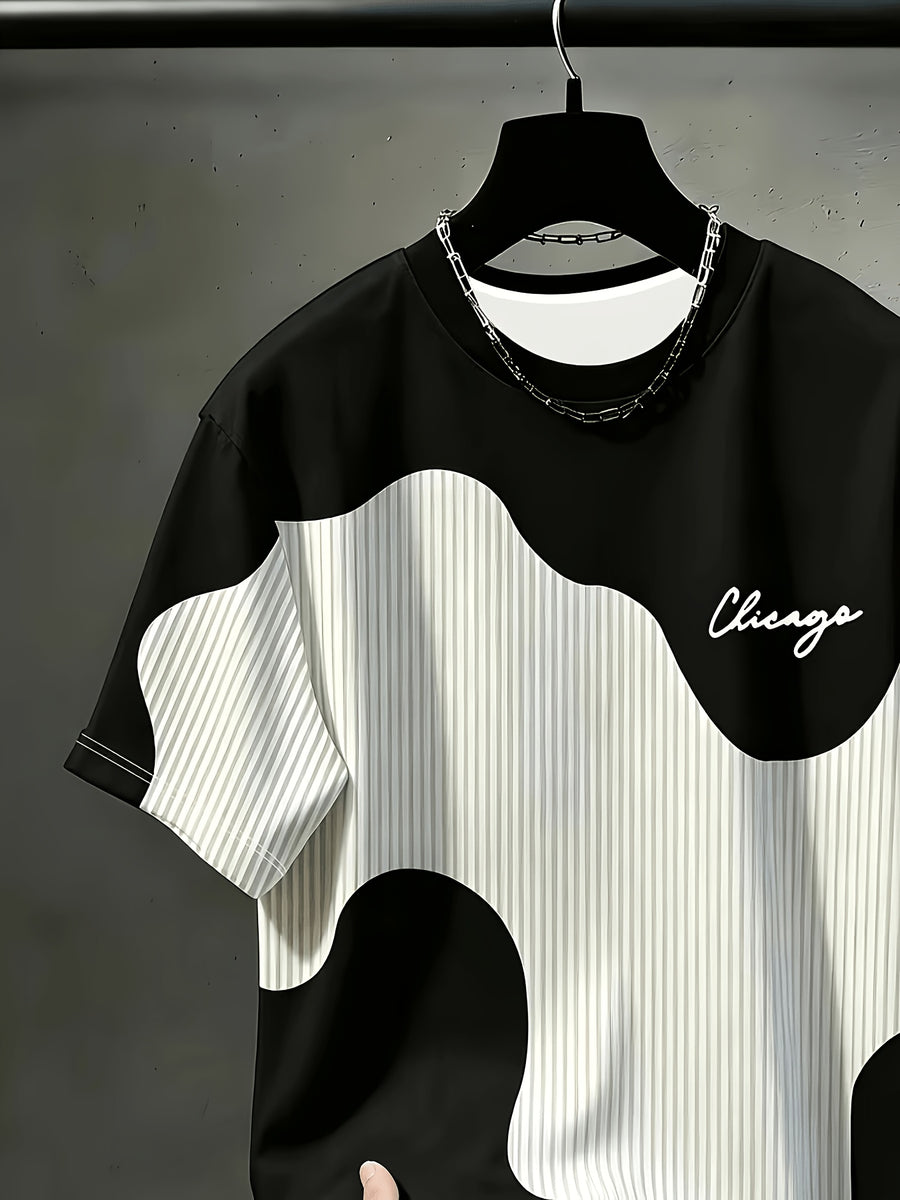 Men'S Casual Round Neck T-Shirt, Geometric Pattern Patchwork Striped Design, "Chicago" Word Pattern, Drapey Fashion Top, All-Season Wear, Breathable Regular Fit for Casual And Formal Outfits - Round Neck Casual Top, Comfortable Wear - Black