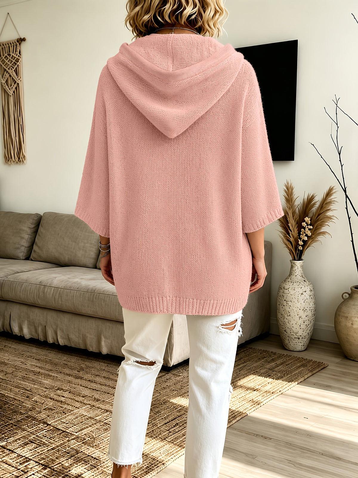 2026 Women'S Fall Winter Solid Color Hooded 3/4 Sleeve Cape Sweater Top with Drawstring And Double Pockets, Casual Easy Fashion Versatile Commute Home Vacation Outfit Pullover Top Women'S Clothing - pink
