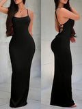 Women'S Solid Color Thin Strap Backless Sleeveless Coffee-Colored Dress - Black