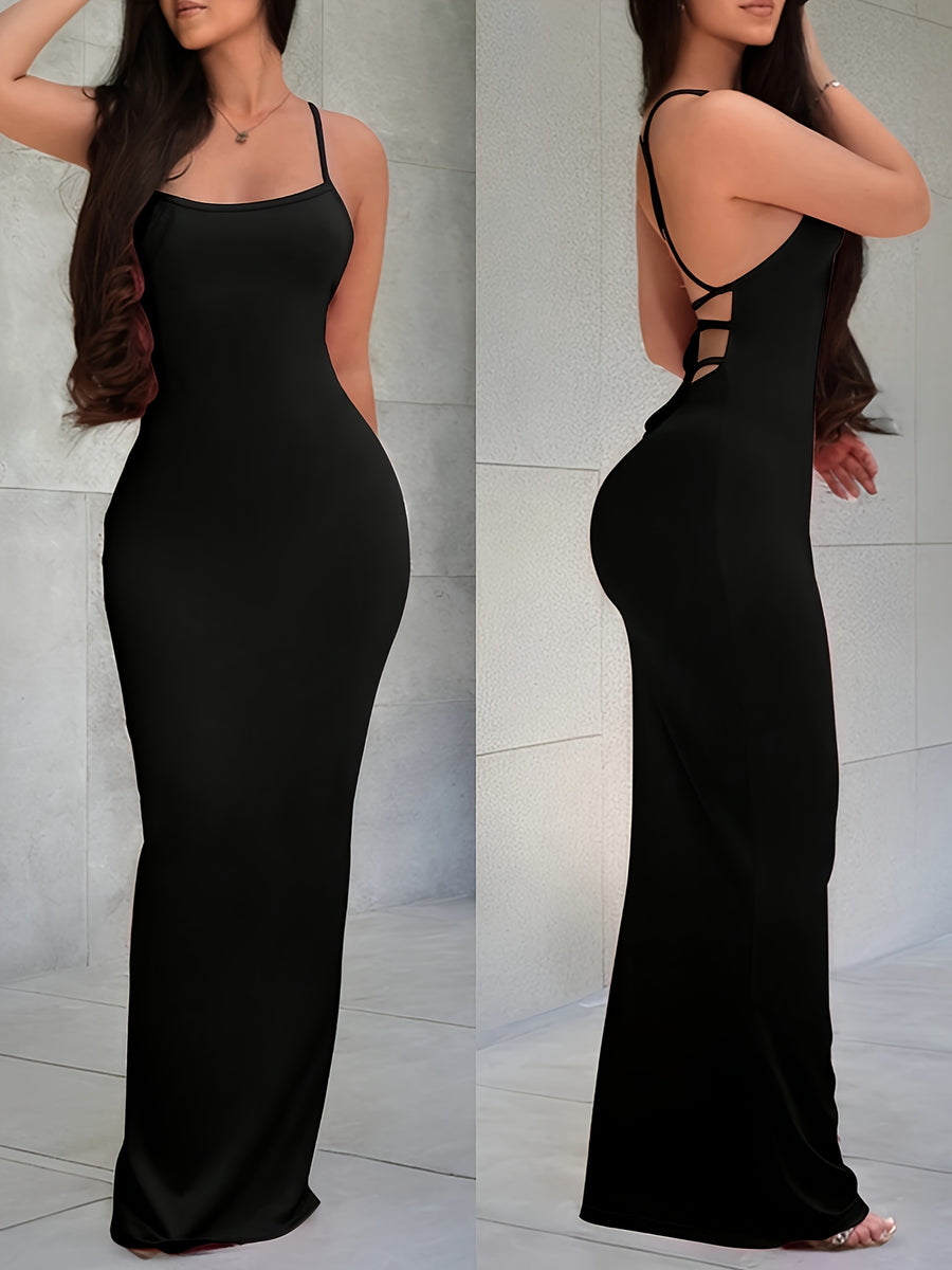 Women'S Solid Color Thin Strap Backless Sleeveless Coffee-Colored Dress - Black