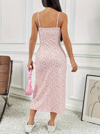 Long Sleeveless Side Slit Bodycon Dress with Red And Blue Floral Print, Spring/Summer - Pink